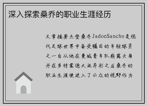 深入探索桑乔的职业生涯经历