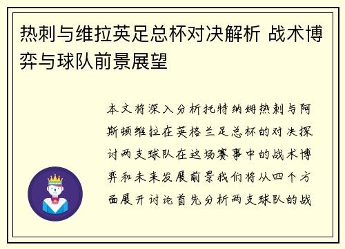 热刺与维拉英足总杯对决解析 战术博弈与球队前景展望